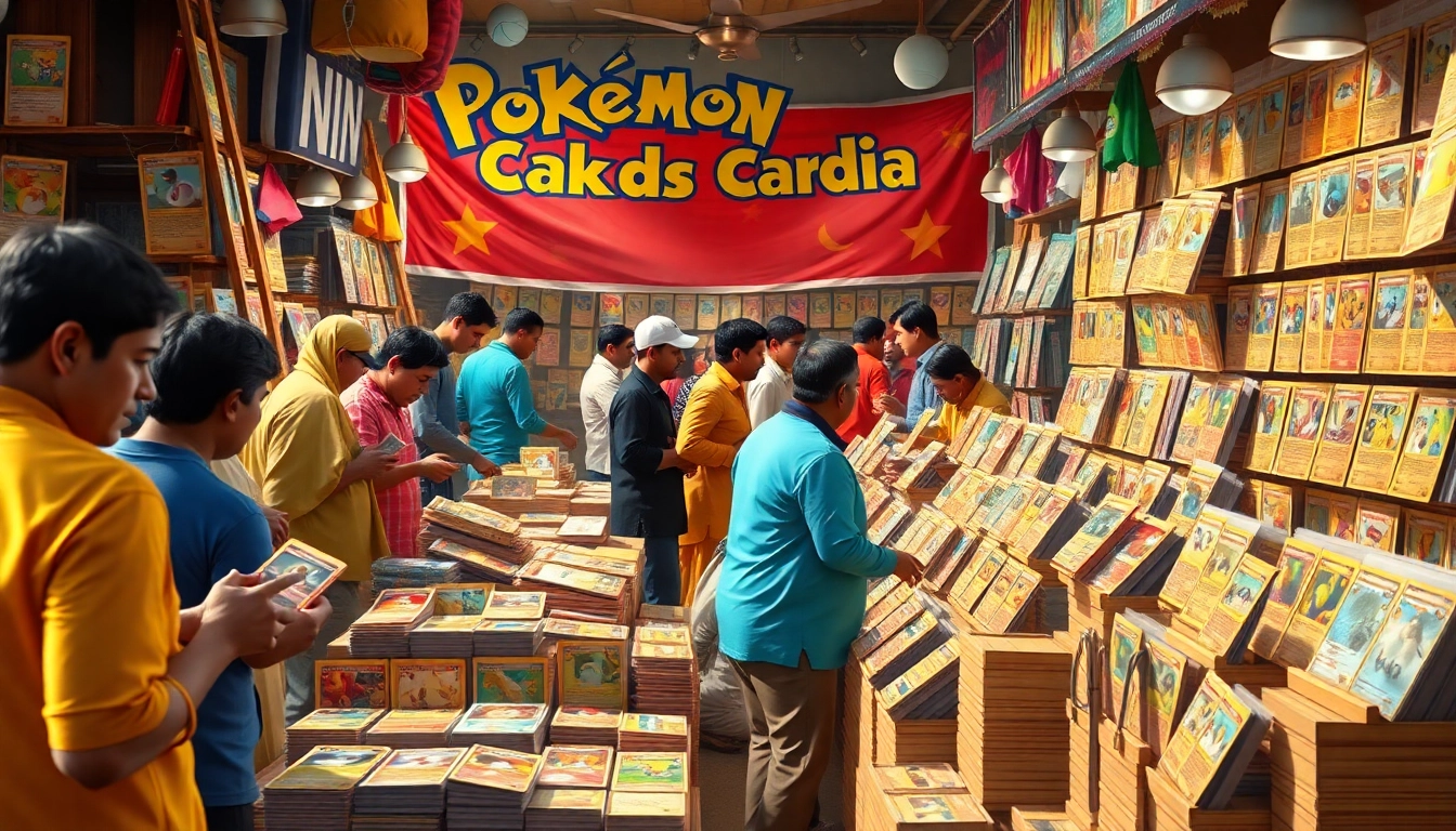 Explore a vibrant marketplace showcasing captivating Pokemon cards India with collectors in action.