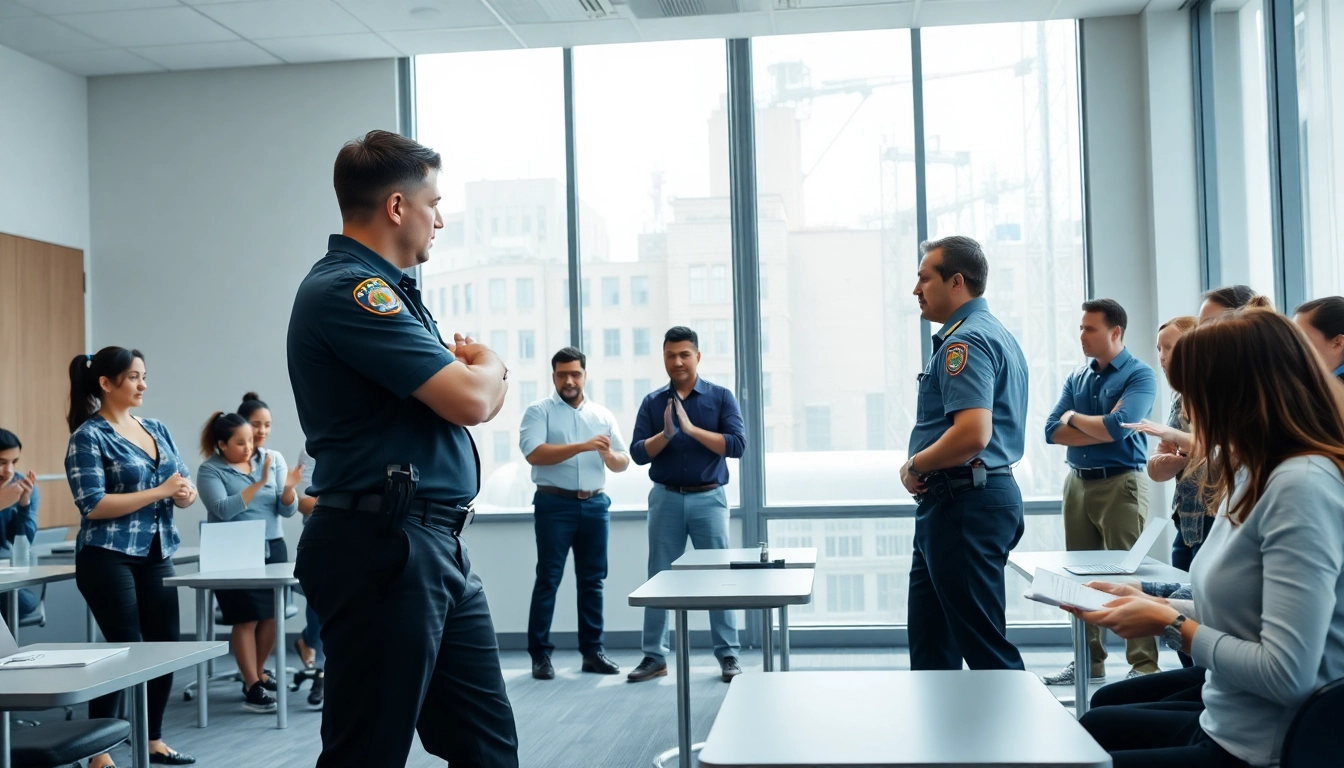 Engaged trainees practicing essential skills during unarmed security training session.