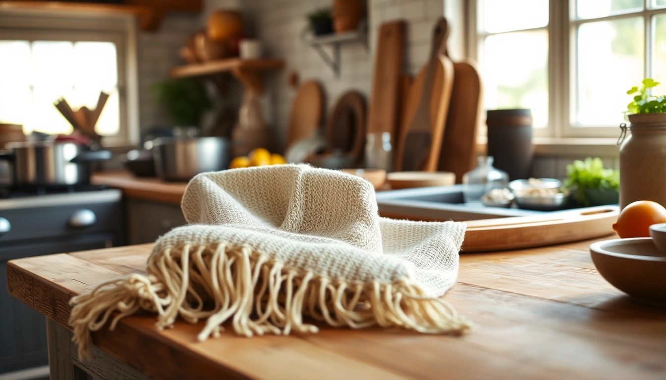 Kaasdoek prachtig gedrapeerd op een houten aanrecht in een rustieke keuken.