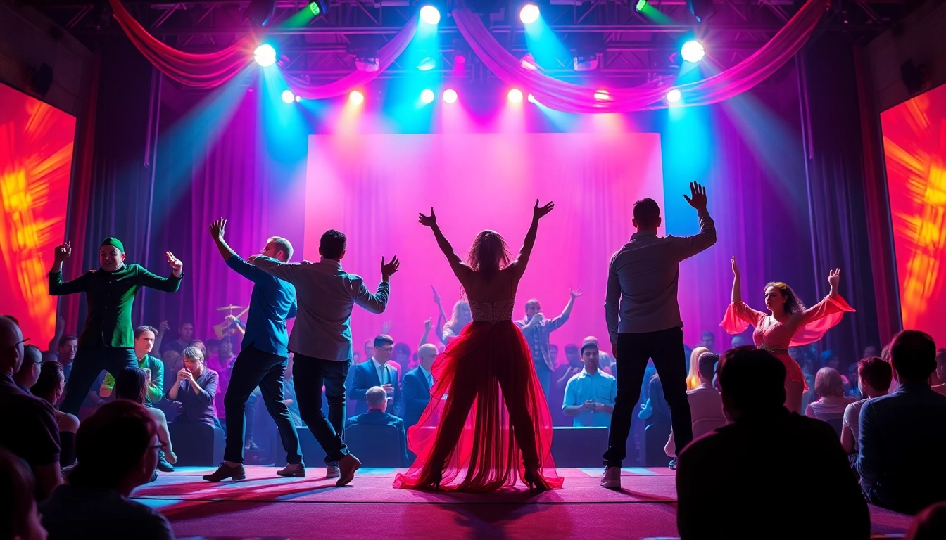 Art entertainment performers captivating an audience in a vibrant stage setting.