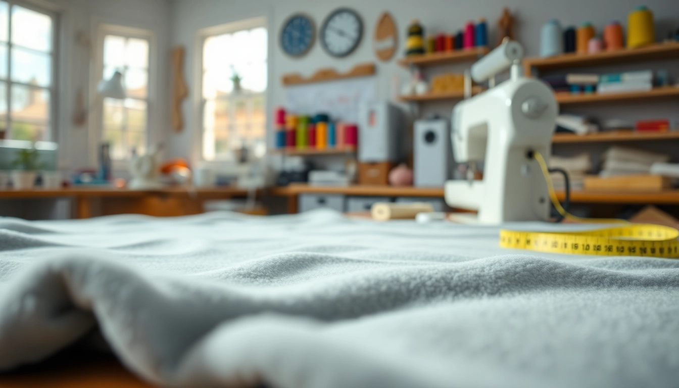 Fleece stof op een naaitafel met kleurrijke materialen en gereedschappen in de achtergrond.