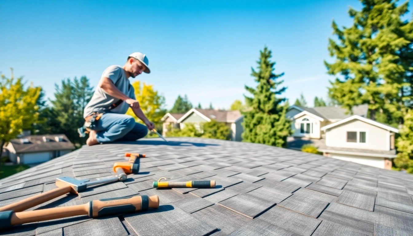 Roofing Replacement Portland Oregon with a skilled roofer installing shingles on a beautiful suburban home.