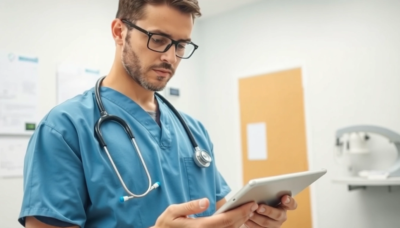 Healthcare provider demonstrating free eprescription apps on a tablet in a clinical setting.