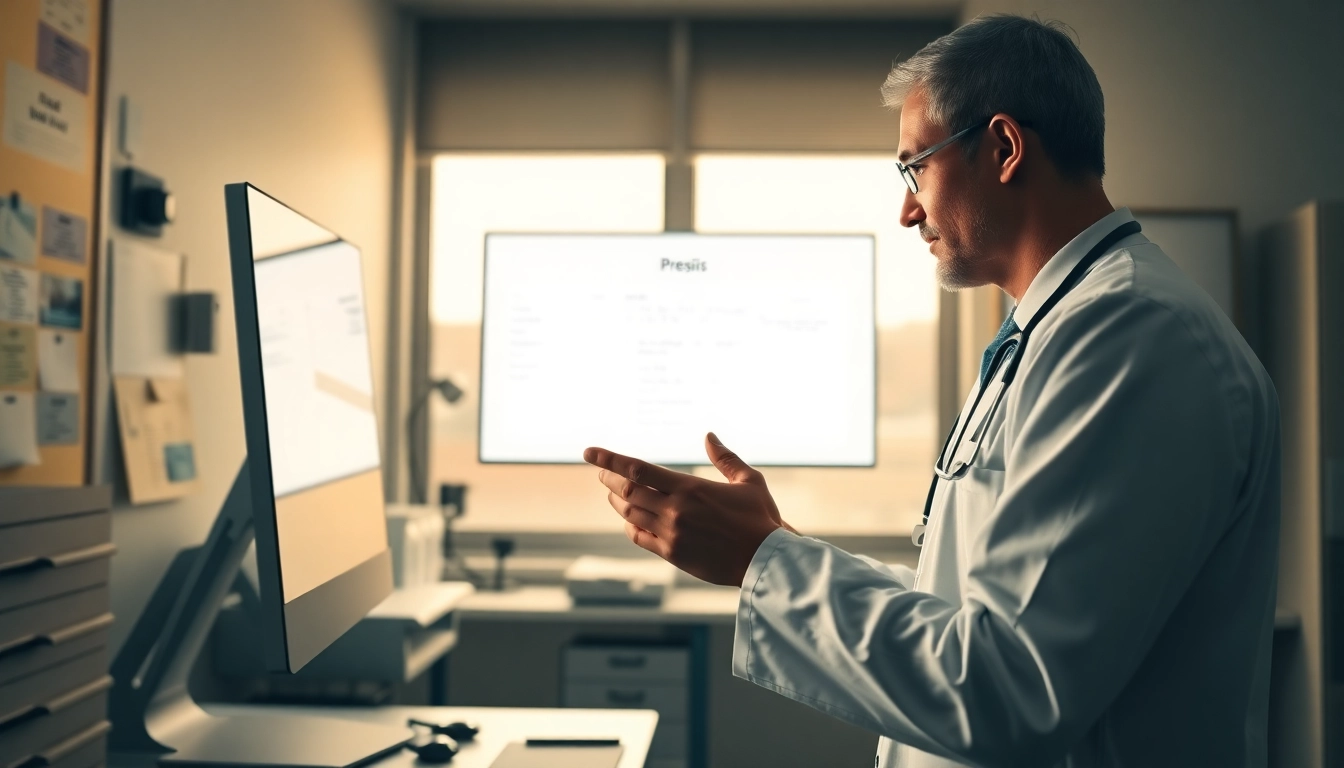 Engaged doctor utilizing eprescribing software for doctors in a bright clinic environment.