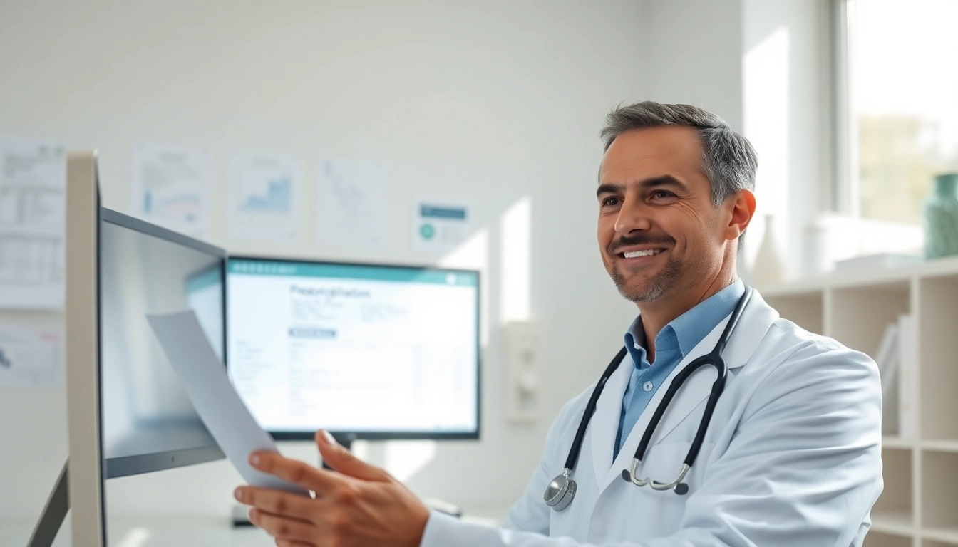 Doctor efficiently utilizing eprescribing software for doctors in a modern clinic setting.